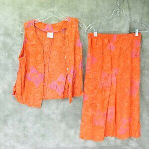 EUC Global VINTAGE Muted REDS w/purple SLEEVELESS SKIRT SET  Size M vtg s-8763